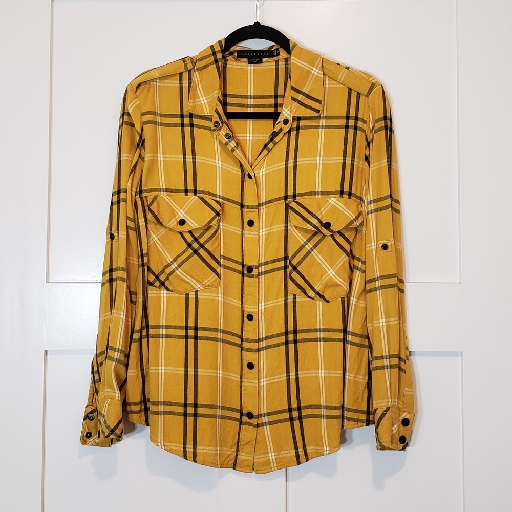 Sanctuary Plaid Boyfriend Light Flannel Snap Down Mustard Black White Si… - Picture 2 of 14